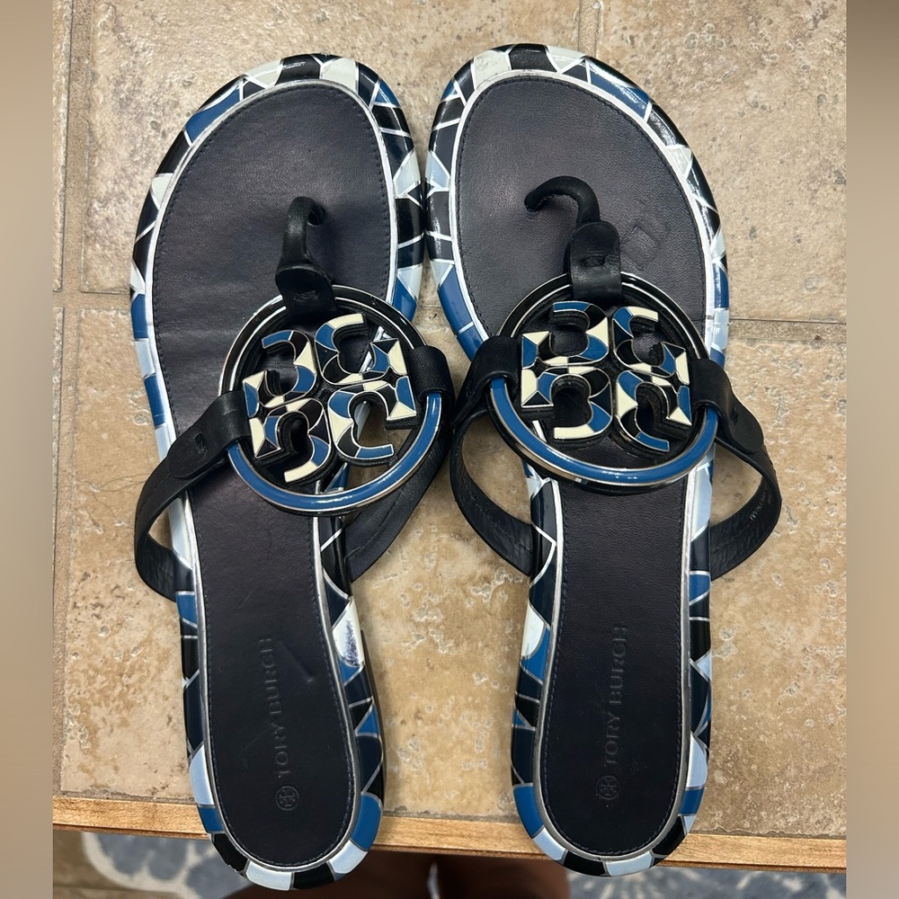 Tory Burch Black/Blue/White Enamel Miller Sandals
